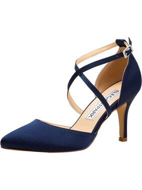 Women's Navy Blue Pointed Toe High Heels Pumps Strap Satin Wedding Evening Shoes
